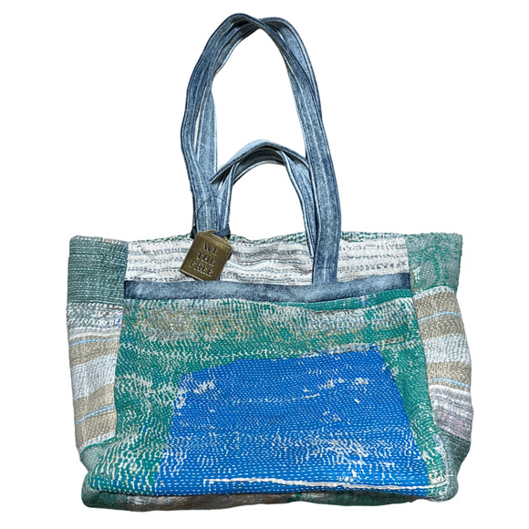 NEW FREE PEOPLE WE THE FREE BLUE GREEN SASHIKO TOTE BAG - Picture 2 of 13